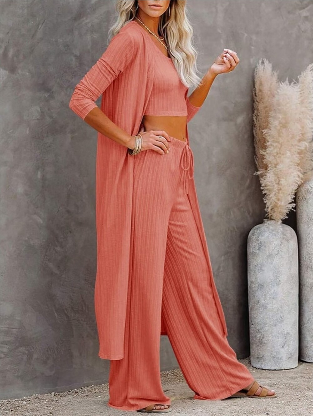 3pcs Coral Orange Lounge Set Long Sleeve Cardigan Sleeveless Top Pants Sweatsuit